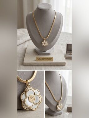 CC EUC Camellia enamel 
Flower charm on 22” Serpentine
304 Gold stainless chain